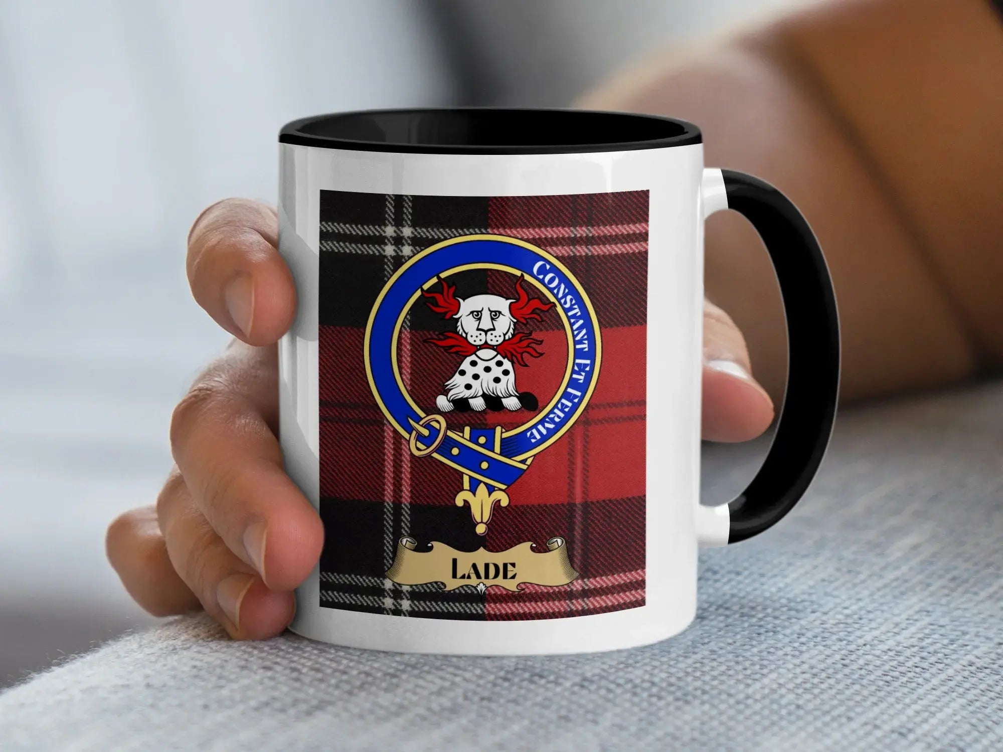 Lade tartan mug with a coloured accent handle and interior