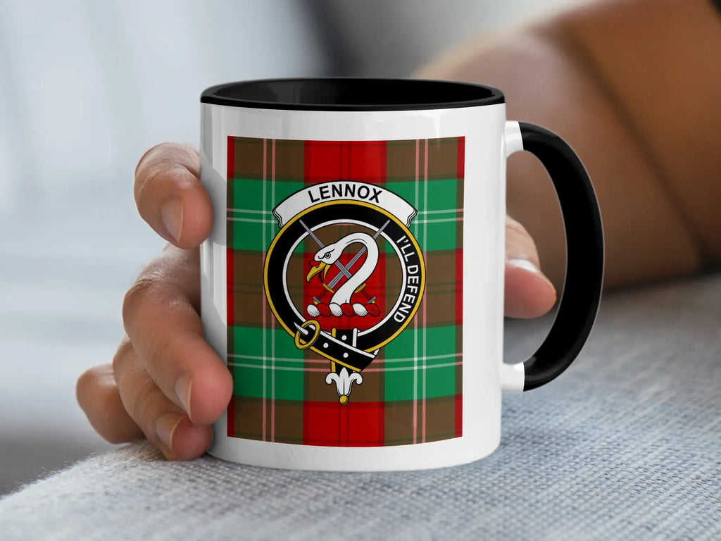 Clan Lennox crest mug — navy handle, 11 oz ceramic with tartan and swan crest print