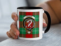 Clan Lennox crest mug — navy handle, 11 oz ceramic with tartan and swan crest print