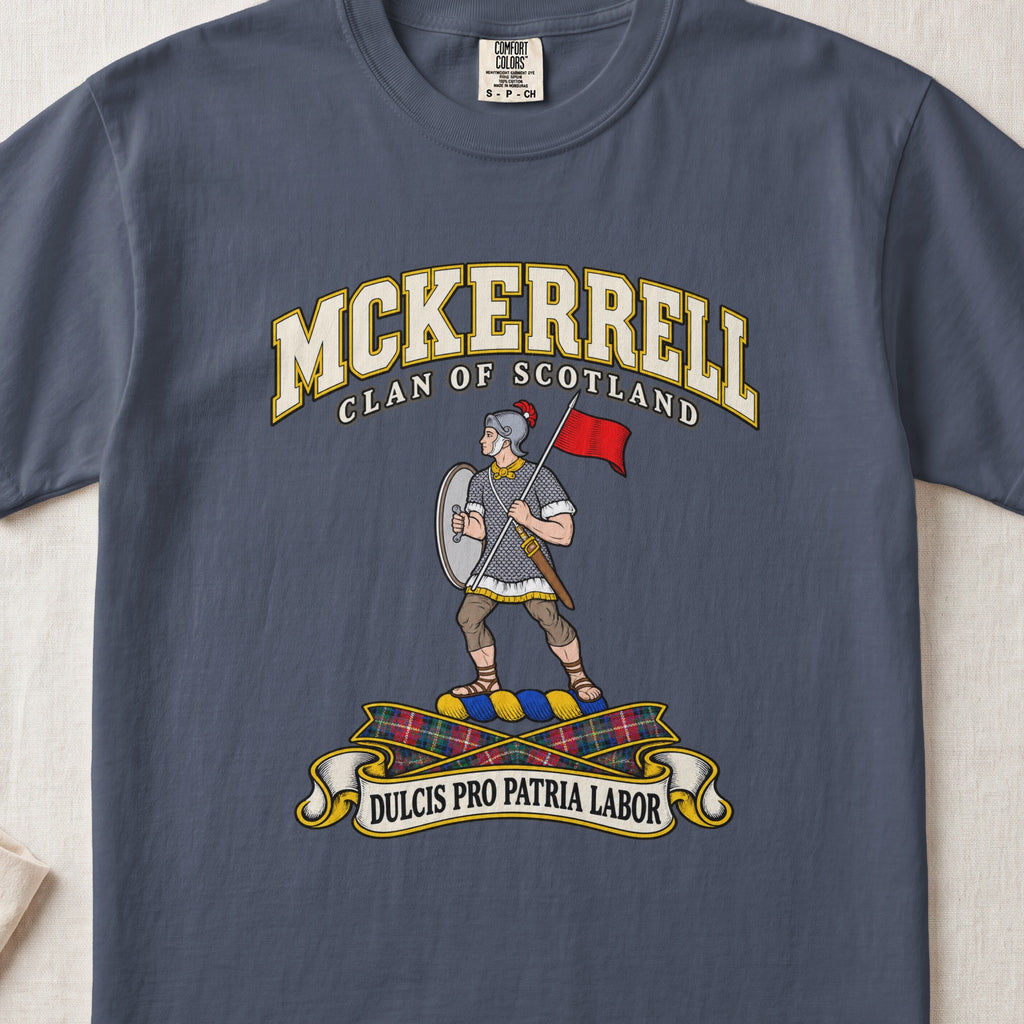 McKerrell Scottish clan T-shirt in Midnight, front view with an armoured figure carrying a shield and red flag and motto banner.