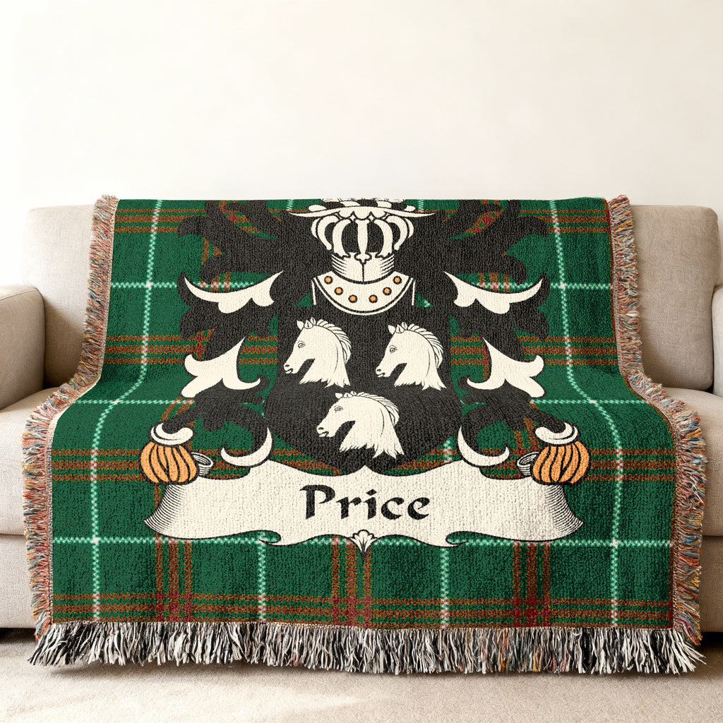Green tartan blanket featuring the Price family crest with horses.