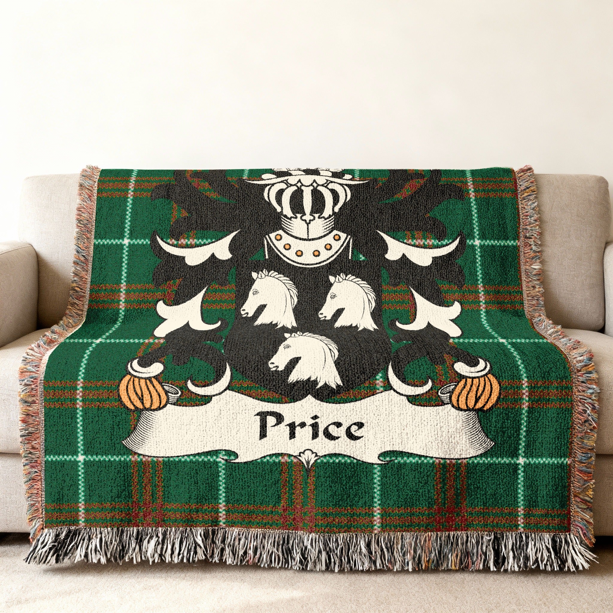 Green tartan blanket featuring the Price family crest with horses.