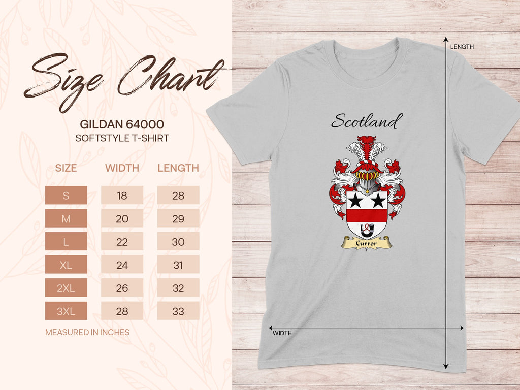 Gildan 64000 size chart for the Curror unisex T-shirt, sizes S to 3XL