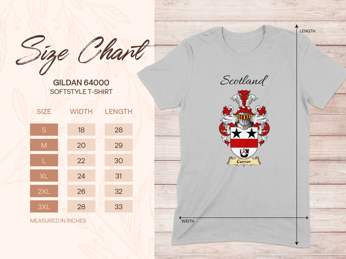 Gildan 64000 size chart for the Curror unisex T-shirt, sizes S to 3XL