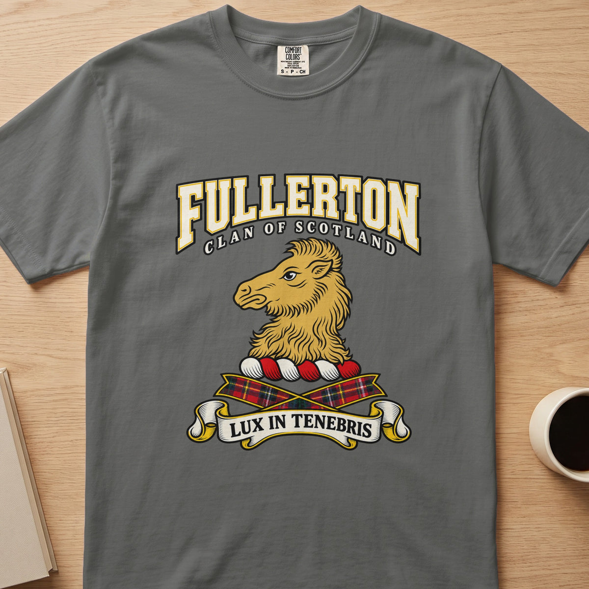 Fullerton clan T-shirt in gray, front view with gold animal head in profile