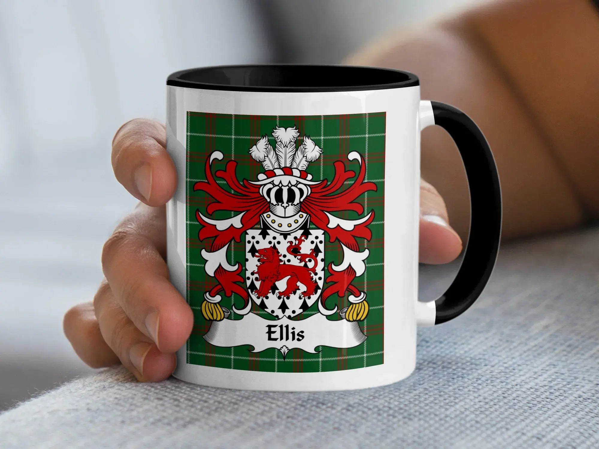 Ellis Welsh coat of arms accent mug with black rim and family crest on Welsh National Tartan