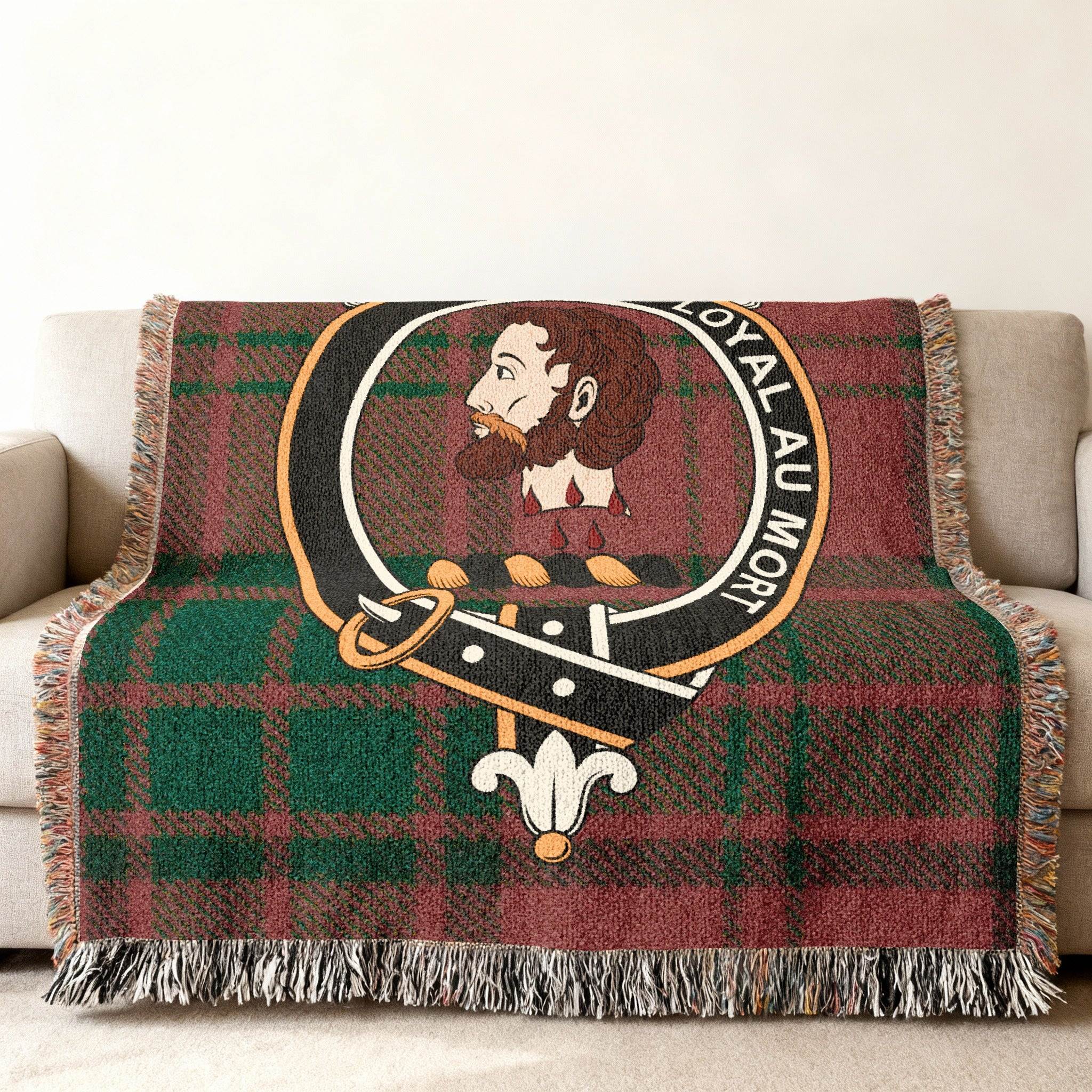 Adair clan crest woven tartan blanket — 100% cotton construction, fringe border detail