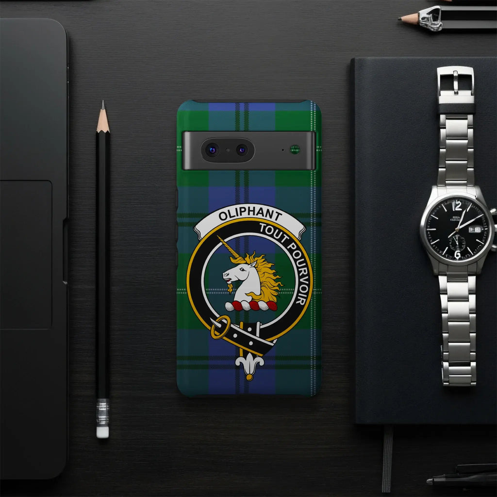 Oliphant crest phone case — slim dual-layer profile, Google Pixel shown
