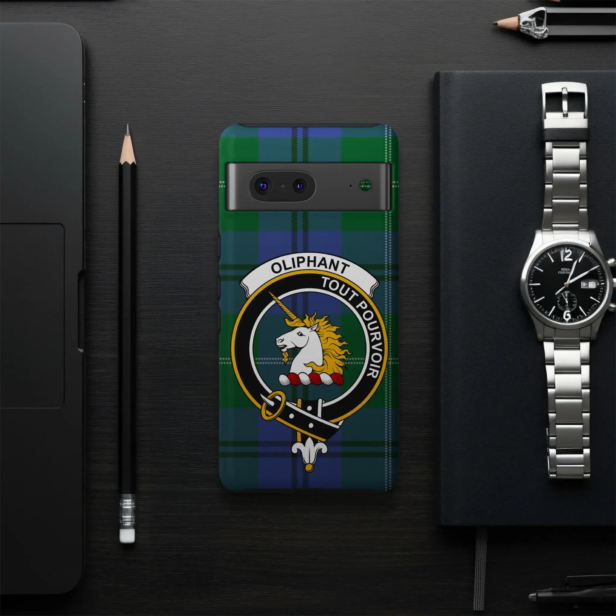 Oliphant crest phone case — slim dual-layer profile, Google Pixel shown