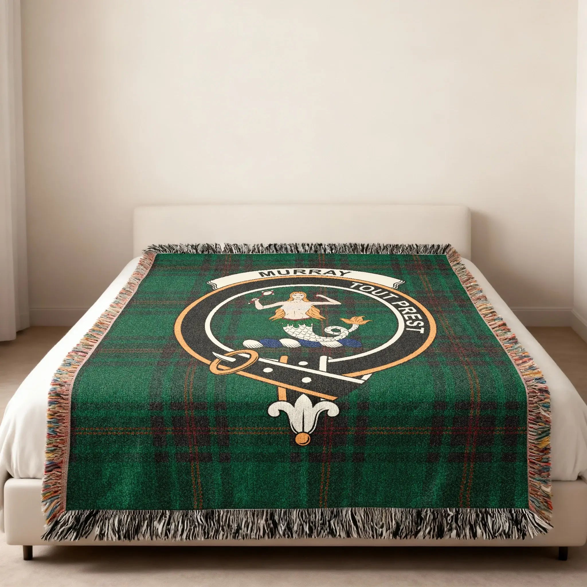 Murray Tout Prest tartan woven blanket for cosy comfort — mermaid crest on cotton throw