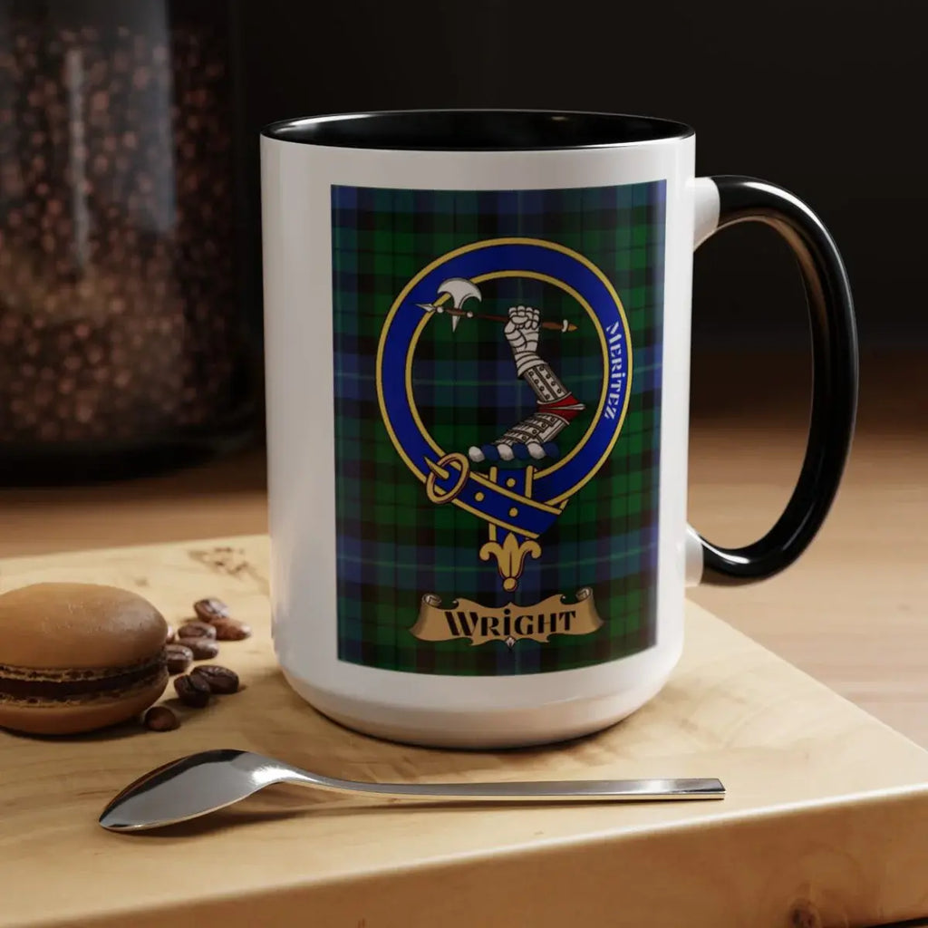Close-up of the Wright clan crest printed on a ceramic mug