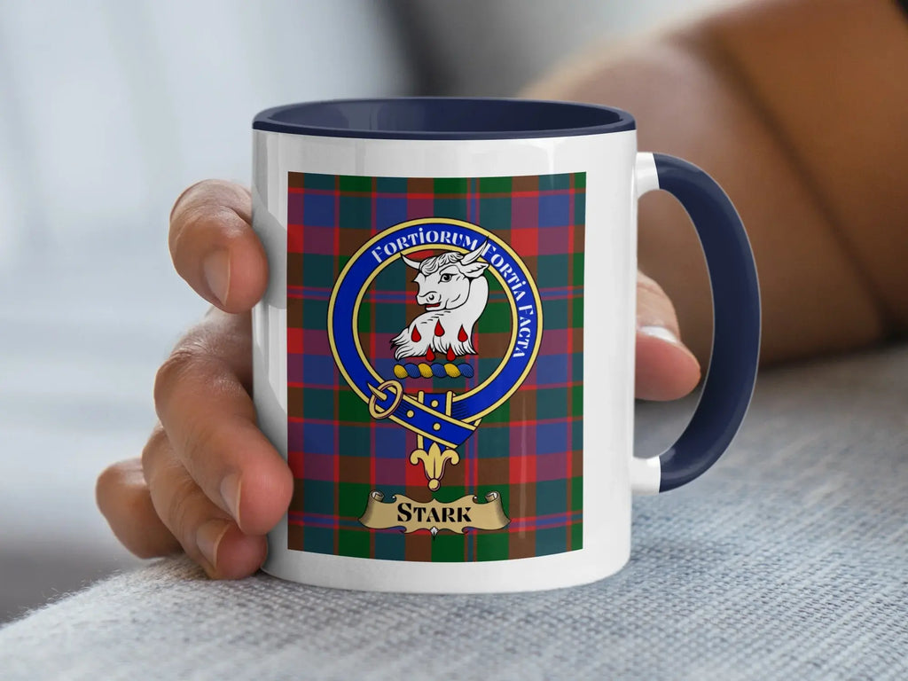 Stark family crest coffee mug with a tartan-background design