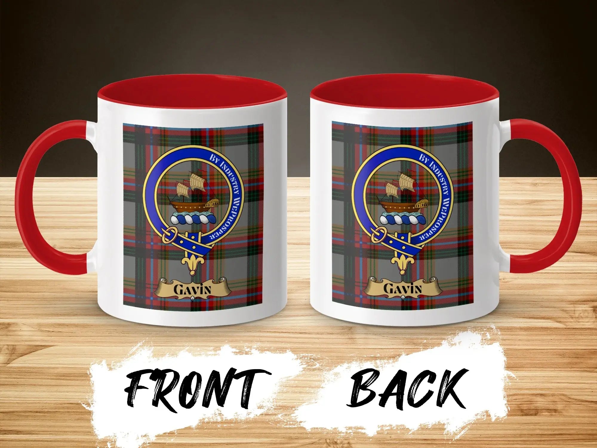 Gavin tartan-background crest mug shown as a Scottish heritage gift