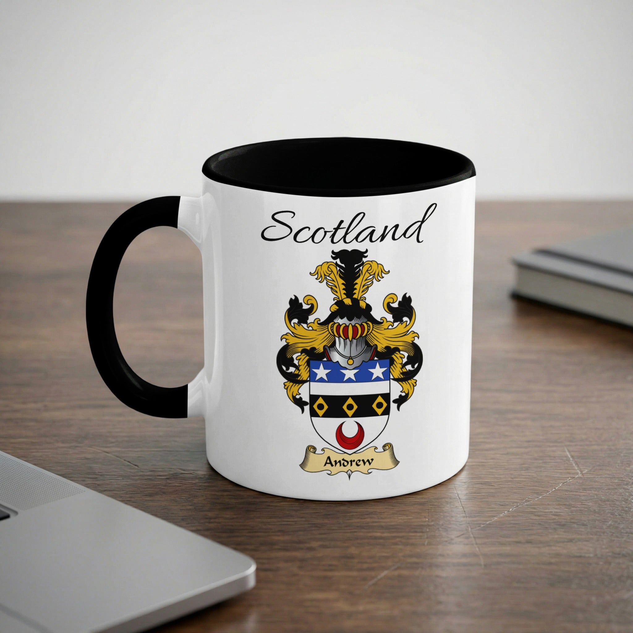 Andrew Scottish family crest accent mug with Scotland lettering and coat of arms artwork