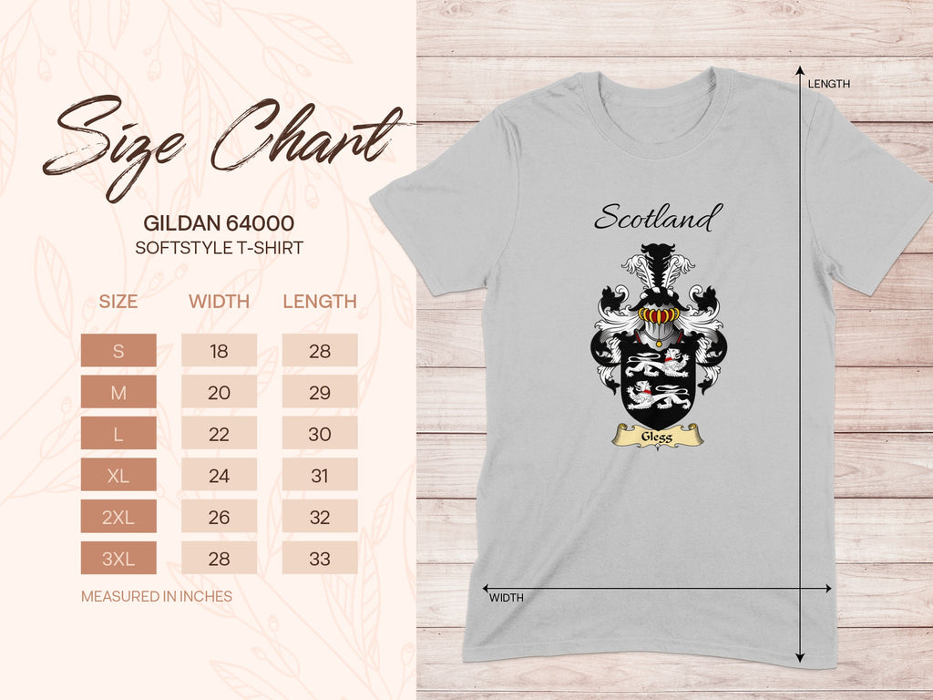 Gildan 64000 size chart for the Glegg unisex T-shirt, sizes S to 3XL