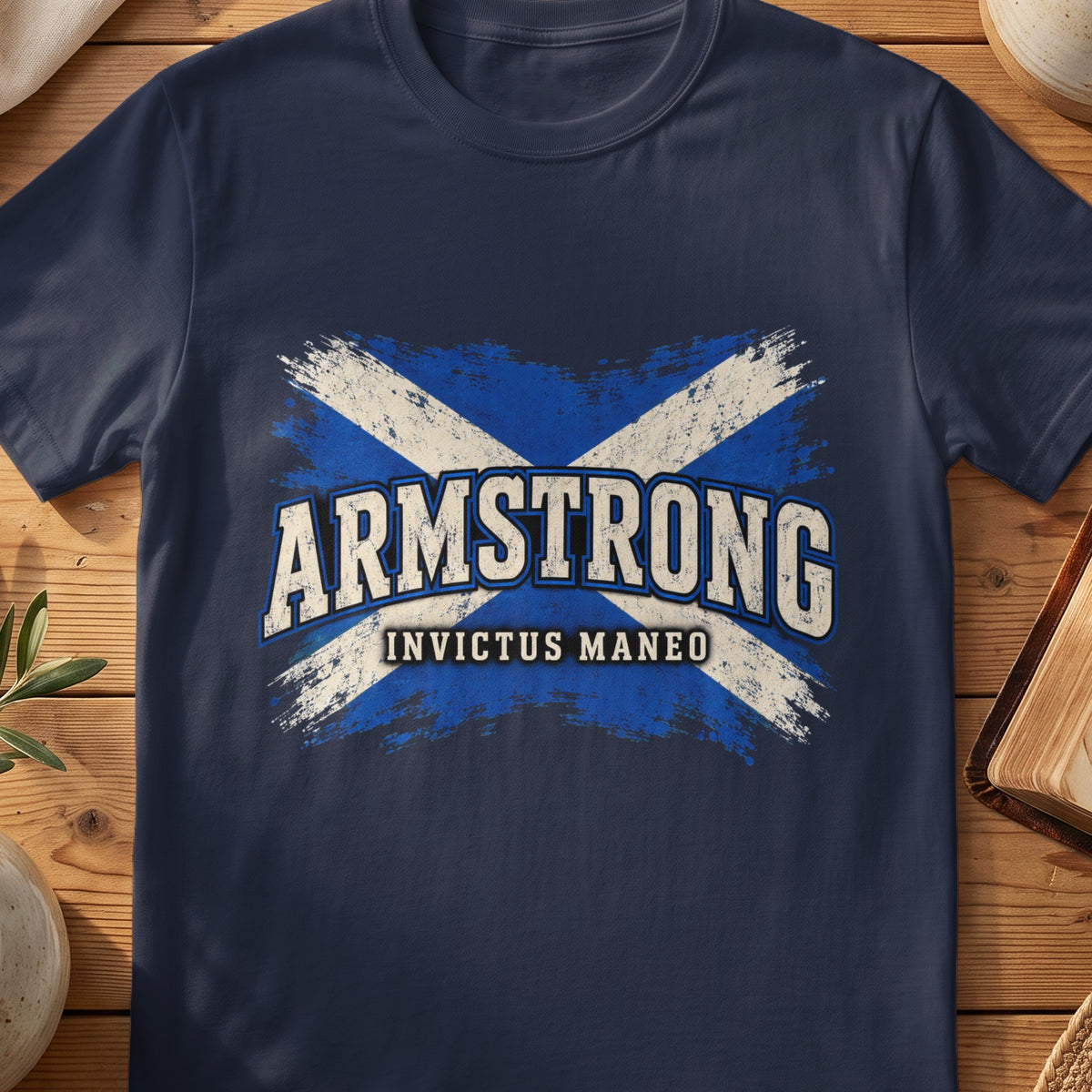 Armstrong Scottish Saltire T-shirt in Navy, with distressed blue and cream flag and “Invictus Maneo” lettering.