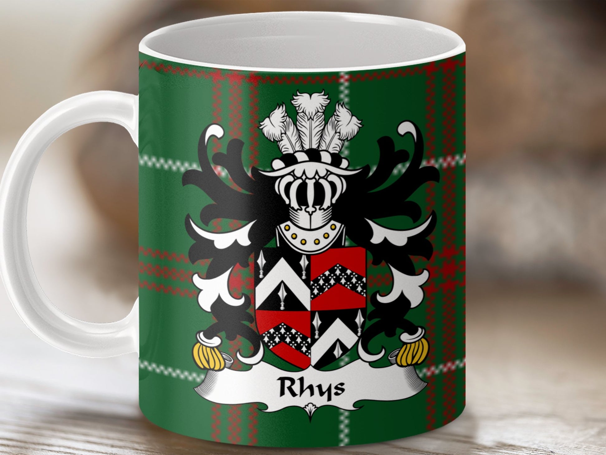 Rhys Coat of Arms on Welsh National Tartan Background Mug - Living Stone Gifts