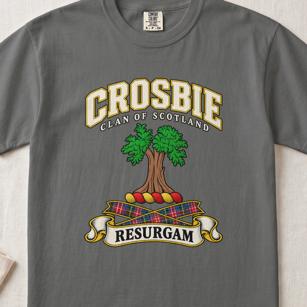 Crosbie Scottish clan T-shirt in Pepper, front view with a green tree and motto design.
