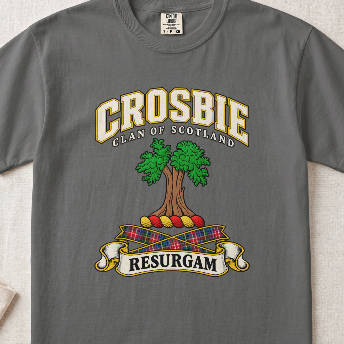 Crosbie Scottish clan T-shirt in Pepper, front view with a green tree and motto design.