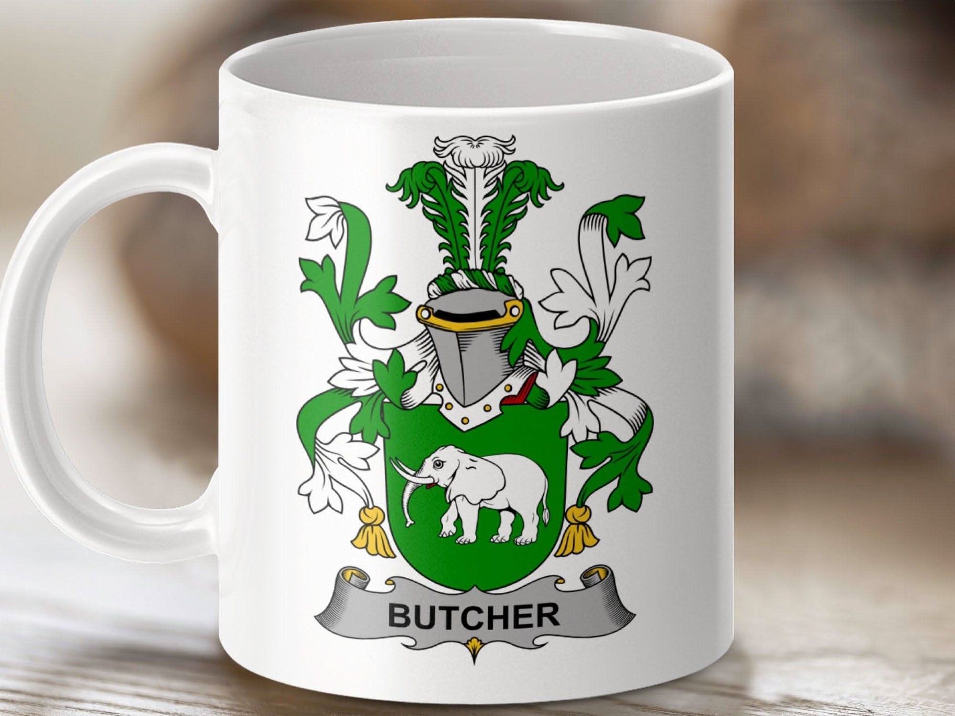 Butcher Surname Irish Family Crest Heraldry Art mug - Celtic Ancestry Gifts