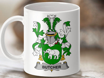 Butcher Surname Irish Family Crest Heraldry Art mug - Celtic Ancestry Gifts
