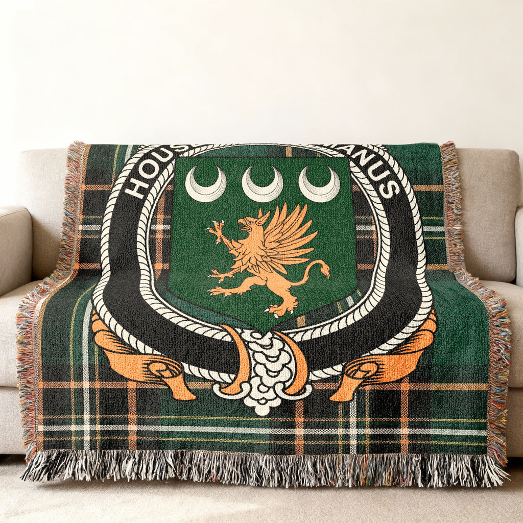 MacManus Irish National Tartan woven blanket displayed on a sofa