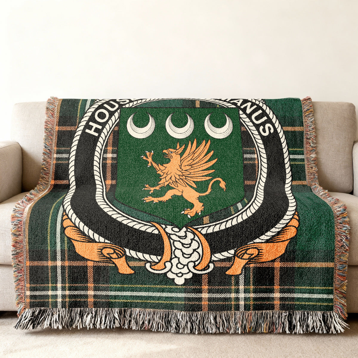 MacManus Irish National Tartan woven blanket displayed on a sofa