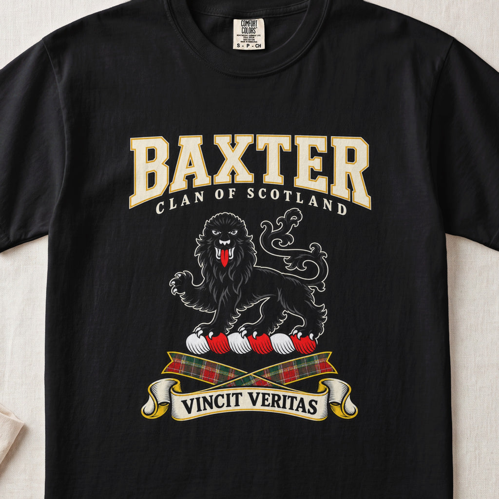 Baxter Scottish clan graphic T-shirt in Black, front view