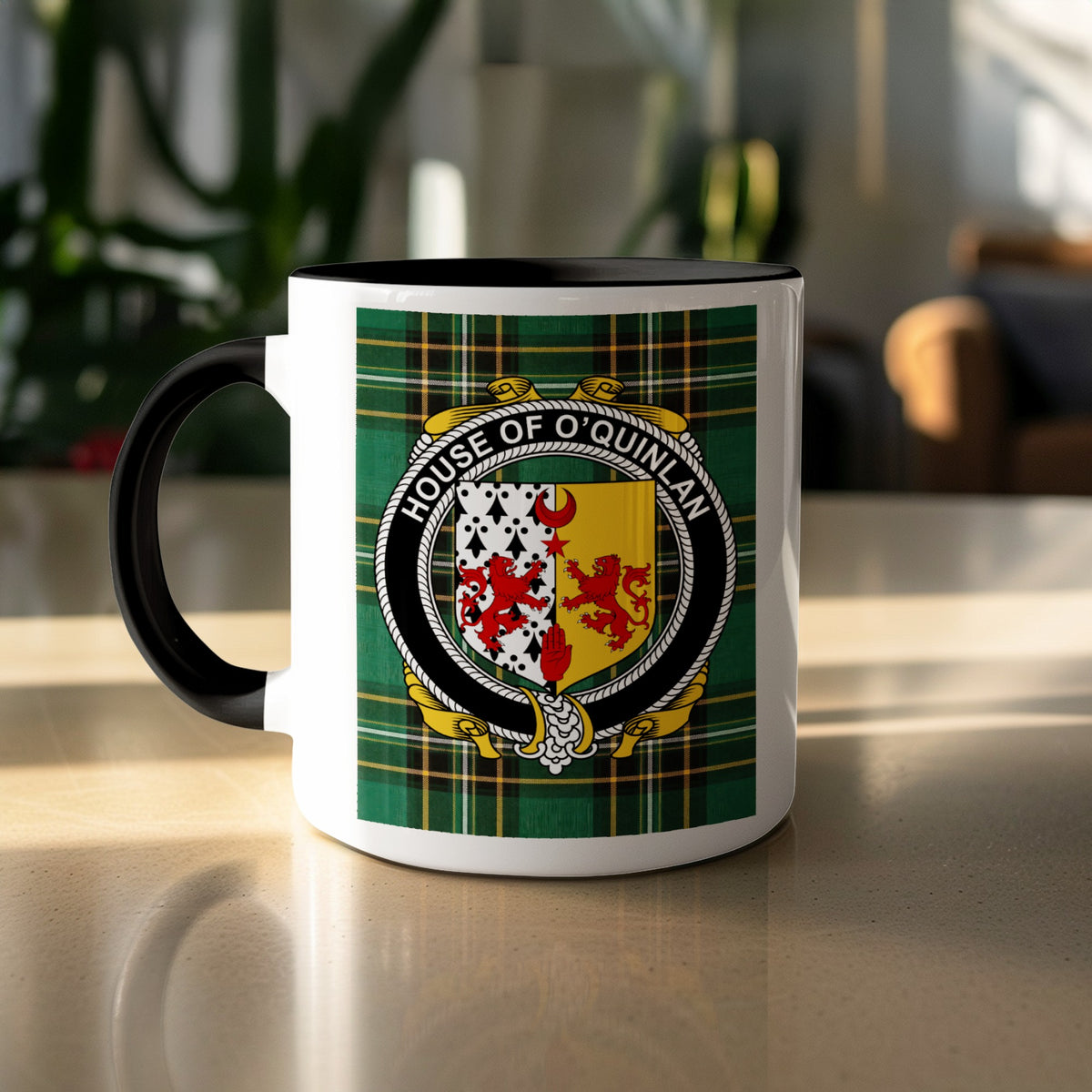 O'Quinlan surname accent mug displayed with Irish National Tartan design