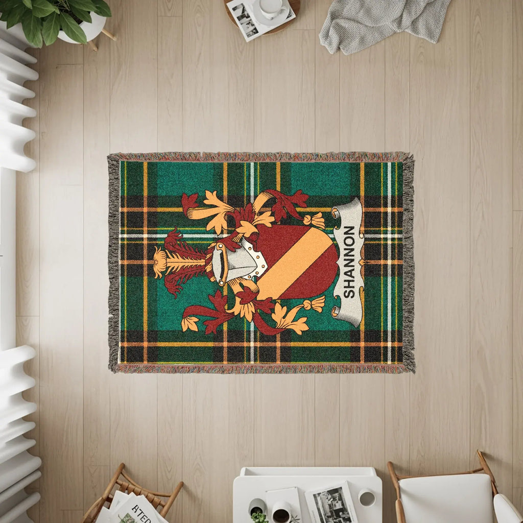 Tapestry throw featuring the Shannon family crest with green and plaid border.