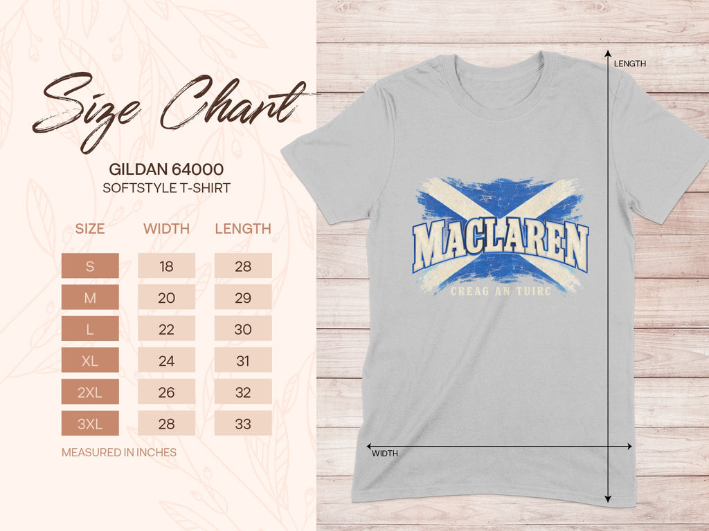 Gildan Softstyle 64000 size chart for the MacLaren Saltire T-shirt, showing shirt width and length in inches.