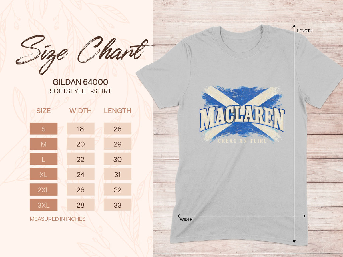 Gildan Softstyle 64000 size chart for the MacLaren Saltire T-shirt, showing shirt width and length in inches.