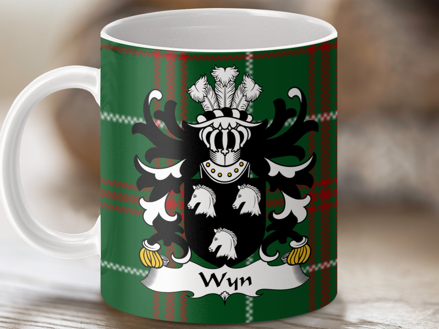 Wyn Family Crest on Welsh National Tartan Background Mug - Living Stone Gifts