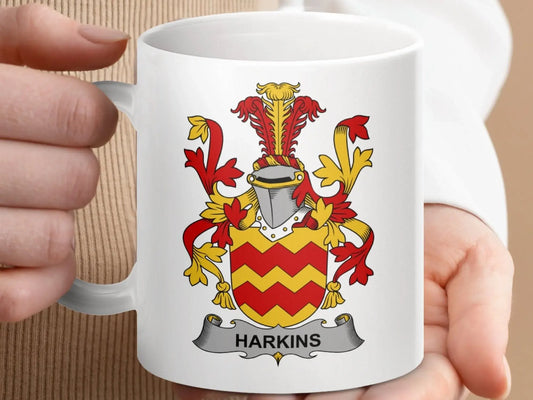 Harkins Family Irish Coat Arms Crest Surname Heraldry Mug - Celtic Ancestry Gifts