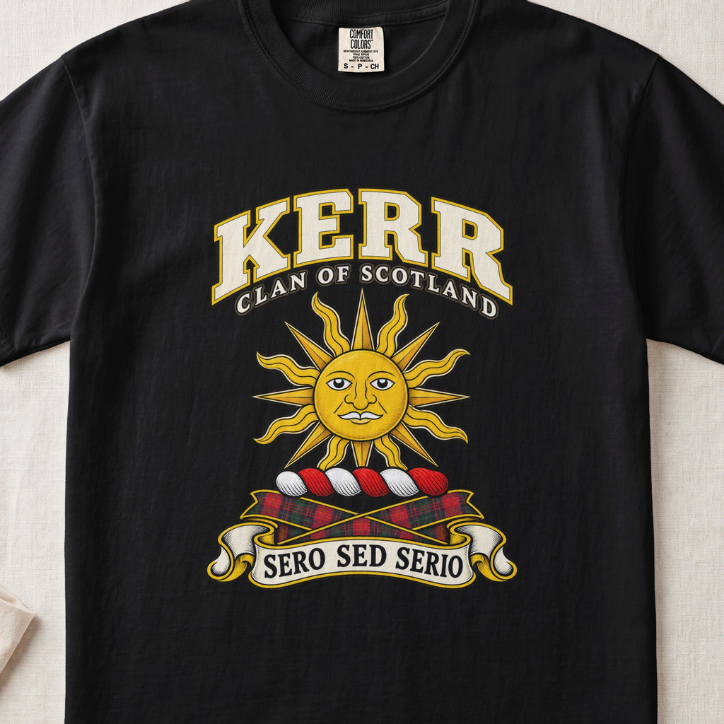 Kerr Scottish clan T-shirt in Black, front view with a golden sun with a face and motto banner.