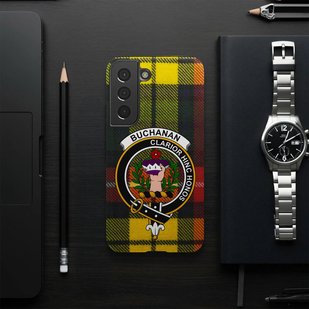 Buchanan clan crest phone case — edge-to-edge yellow tartan print, impact-resistant