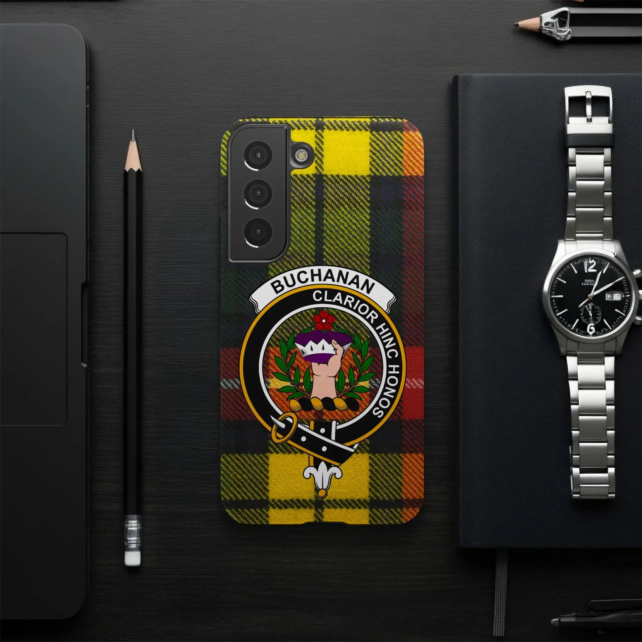 Buchanan clan crest phone case — edge-to-edge yellow tartan print, impact-resistant