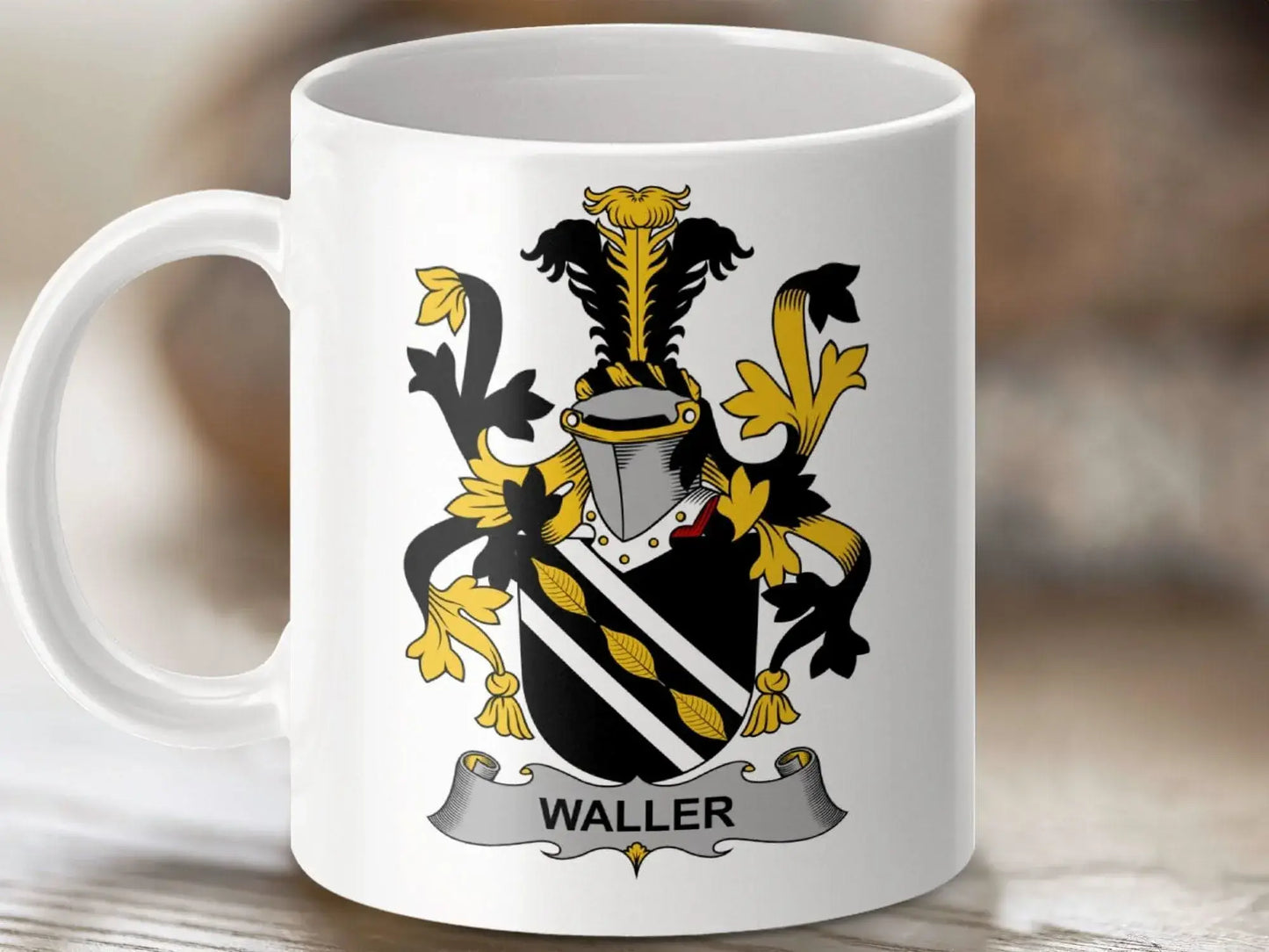 Waller Surname Family Crest Coat Of Arms Mug - Celtic Ancestry Gifts