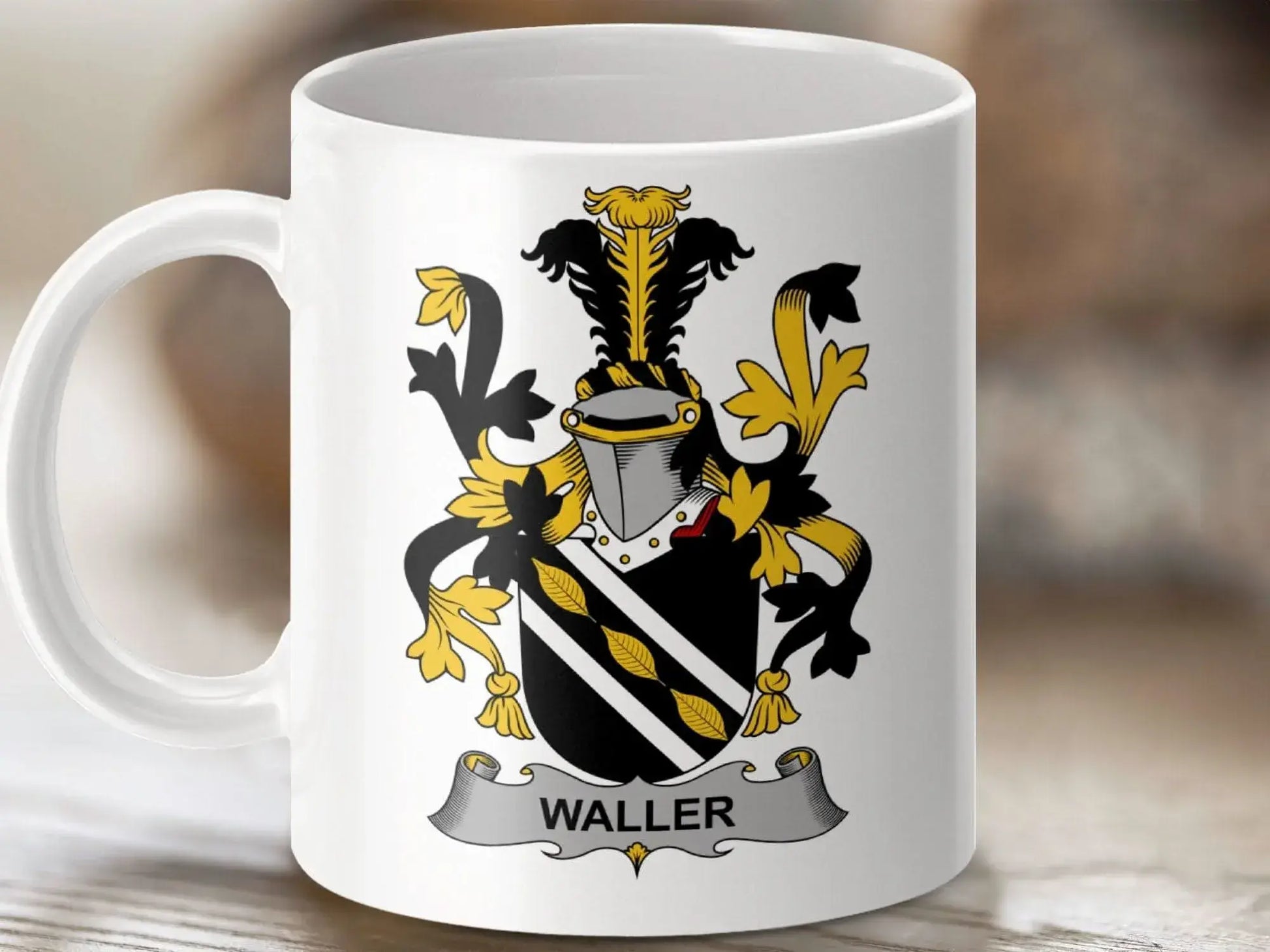 Waller Surname Family Crest Coat Of Arms Mug - Celtic Ancestry Gifts