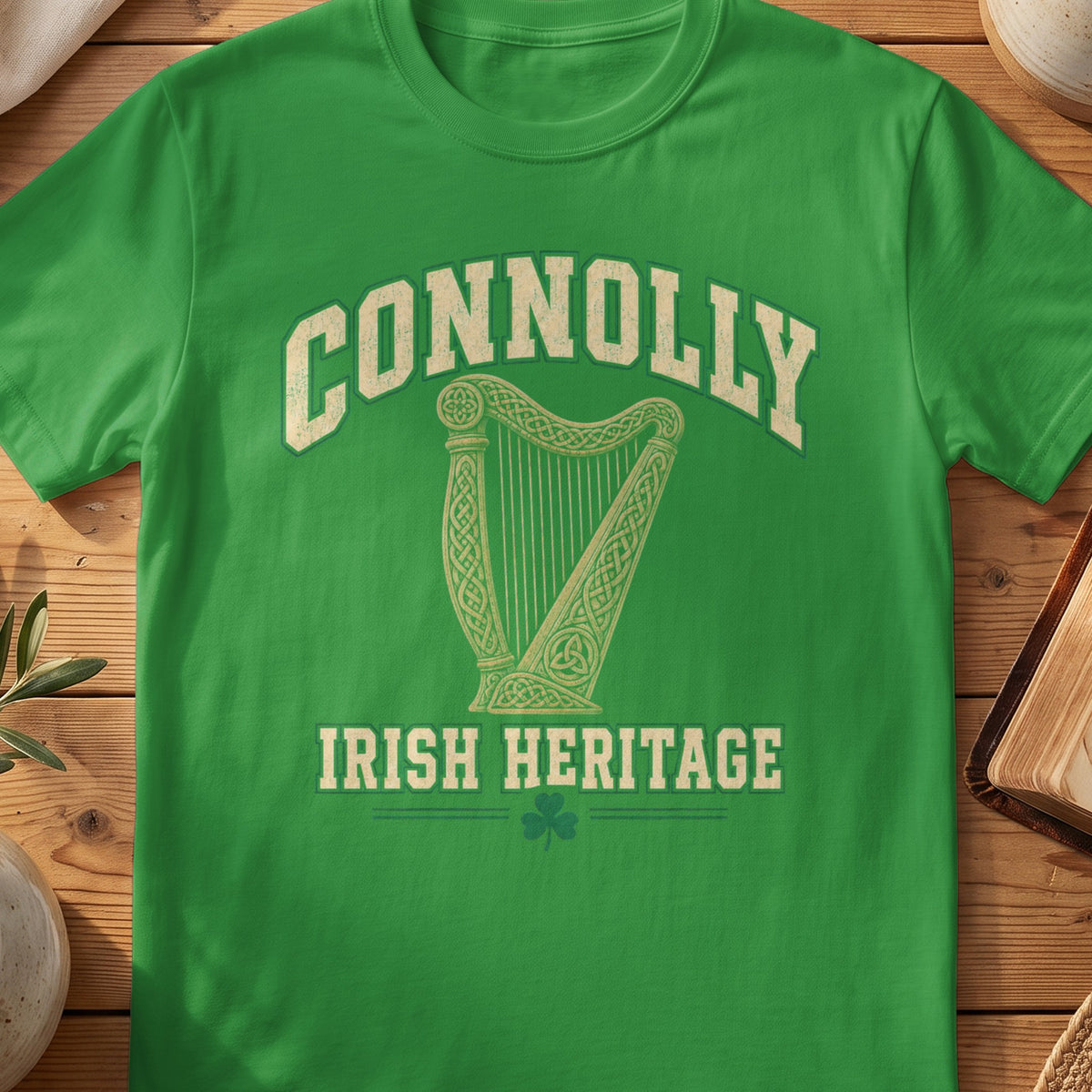 Connolly Irish Heritage green Gildan 64000 T-shirt with Celtic harp design