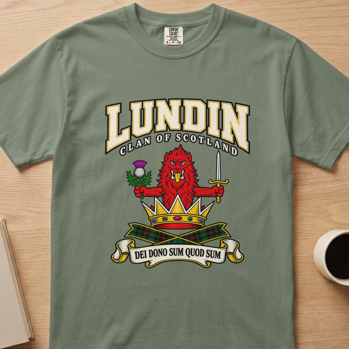 Lundin clan T-shirt in sage green, front view with red lion with thistle and sword above a crown