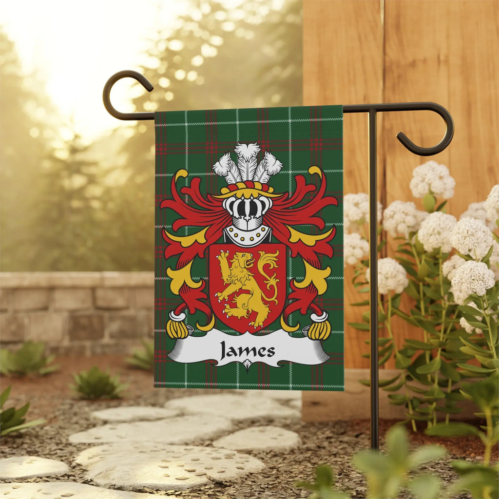 Plaid garden flag displaying a coat of arms with the name "James."