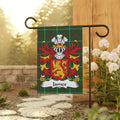 Plaid garden flag displaying a coat of arms with the name "James."