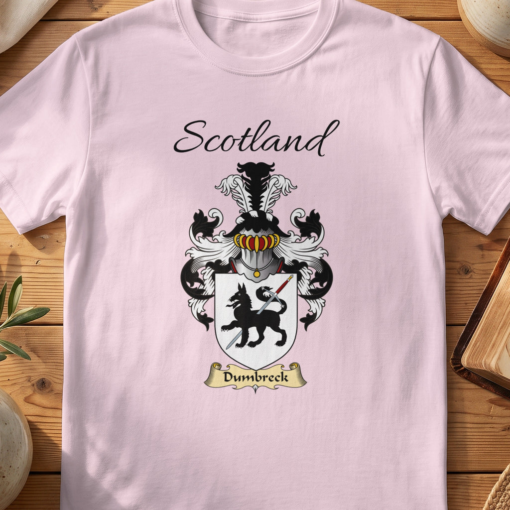 Light Pink Dumbreck Scottish family shield T-shirt featuring a black animal holding a spear on white