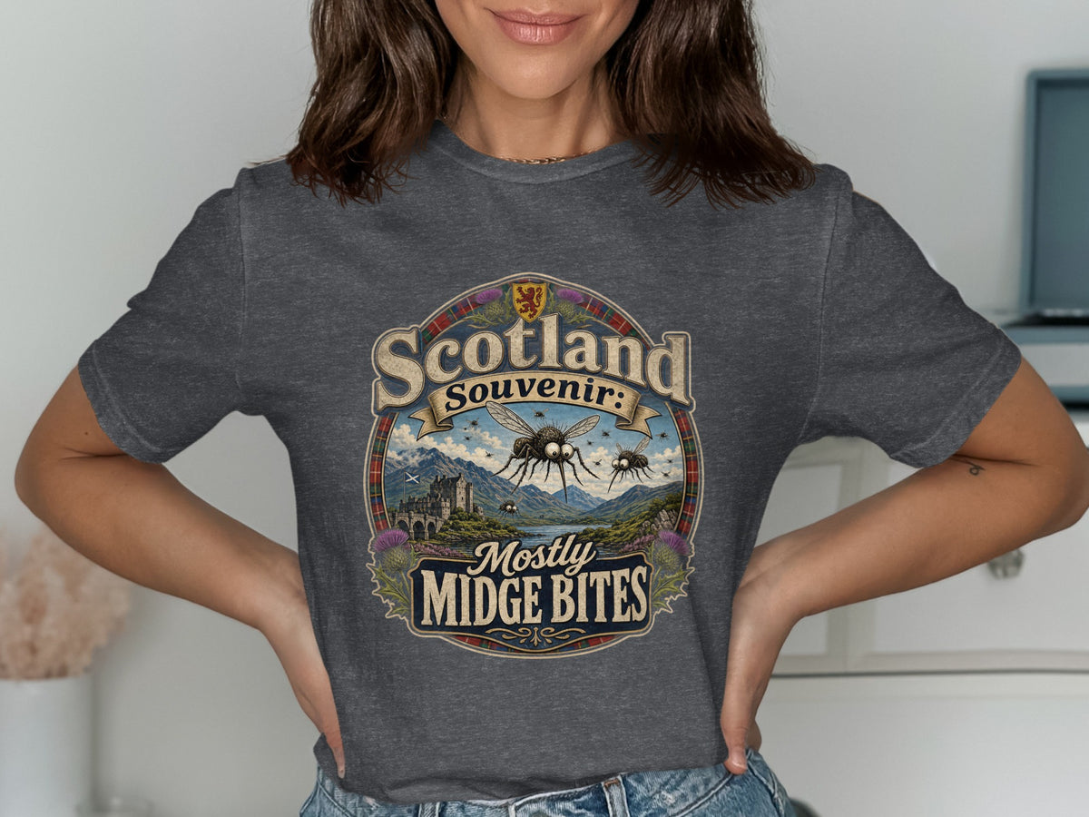 Scotland souvenir design with midges, castle, and Scottish landscape.