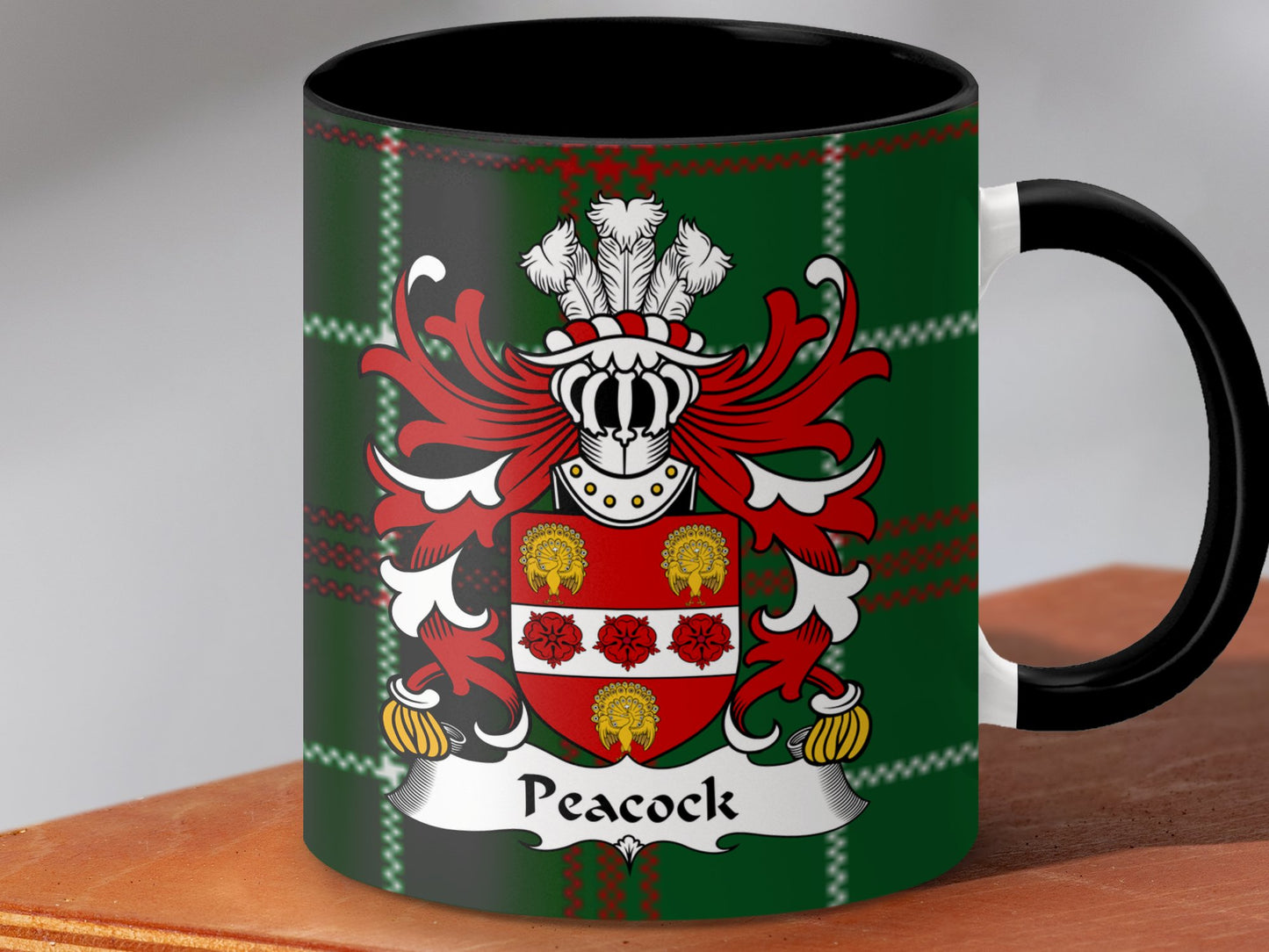 Peacock Surname Coat of Arms on Welsh Tartan Mug - Living Stone Gifts