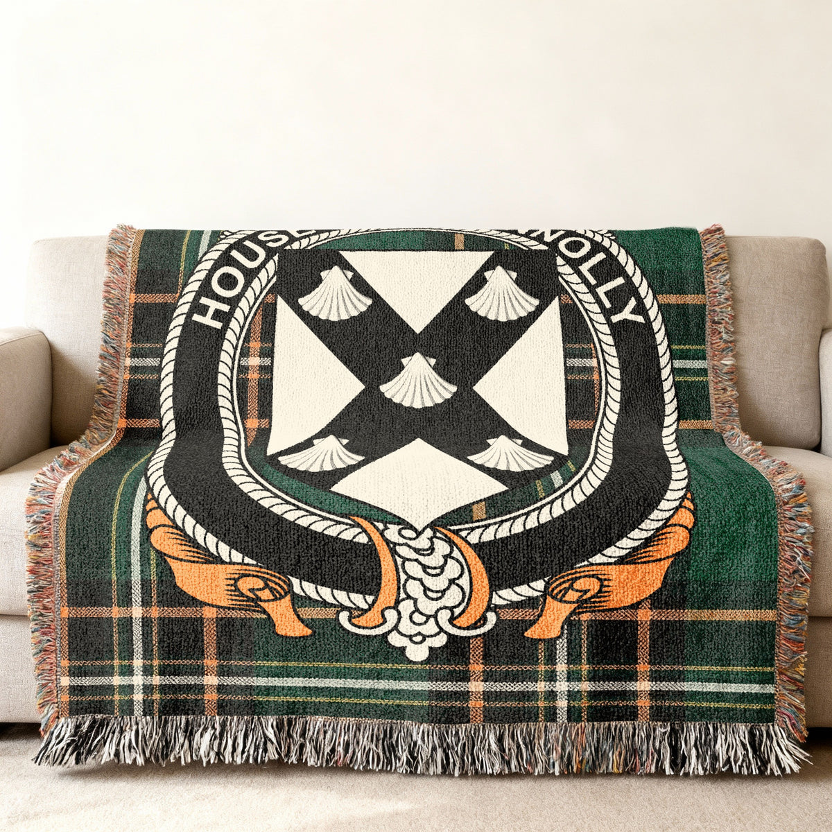 O'Connolly Irish National Tartan woven blanket displayed on a sofa