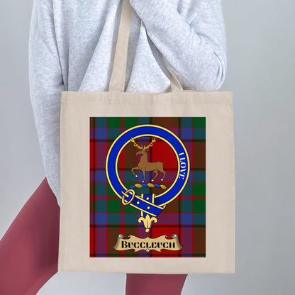 Buccleuch Clan Crest on Tartan Background Tote Bag - Living Stone Gifts