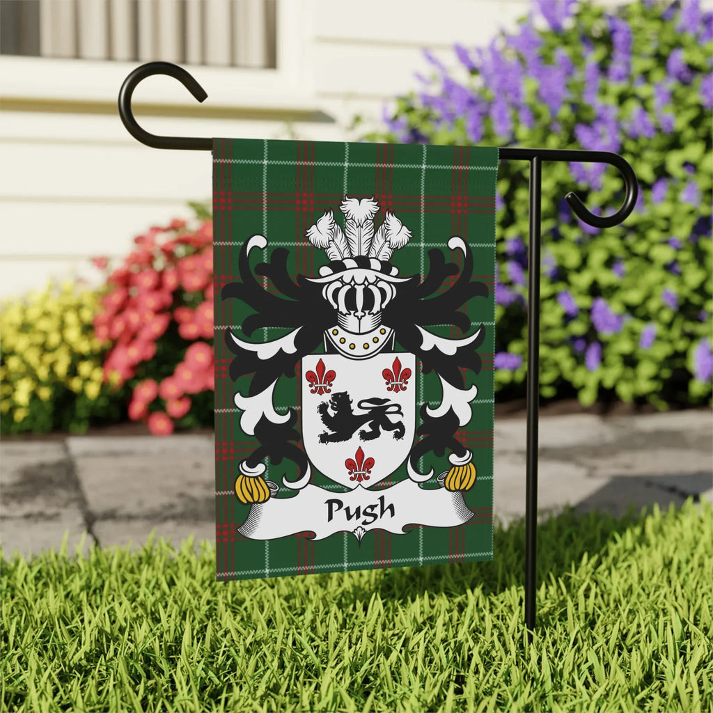Pugh family crest on green plaid garden flag with white banner.