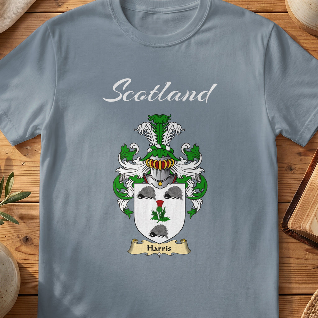 Harris Scottish family shield T-shirt in Stone Blue